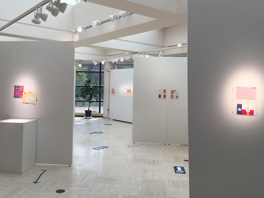 North wall looking in to gallery toward south mail pieces by Reagan, Chew, Stevens, Pace and Carter